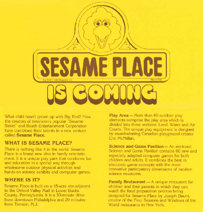 Flier announcing Sesame Place, copyright Sesame Place, Sesame Workshop.