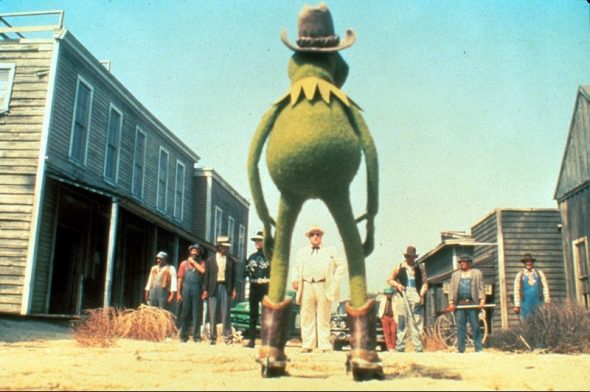 Cowboy Kermit in his big stand-off in 'The Muppet Movie'.