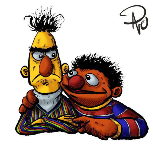 Bert and Ernie. Bert does not look amused by Ernie.
