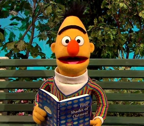 Bert sits on a park bench, holding a book called "Fifty Shades of Oatmeal"