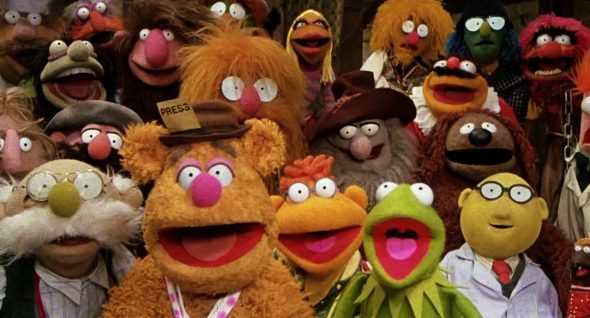 The Muppets at the end of the "Happiness Hotel" number after the camera flash, with their eyes wide.