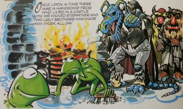 An illustration of Kermit the Frog scrubbing the floor of a house while Uncle Deadly, Doglion, and Sweetums watch.