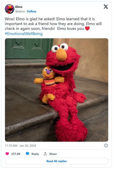 "Wow! Elmo is glad he asked! Elmo learned that it is important to ask a friend how they are doing. Elmo will check in again soon, friends! Elmo loves you!"