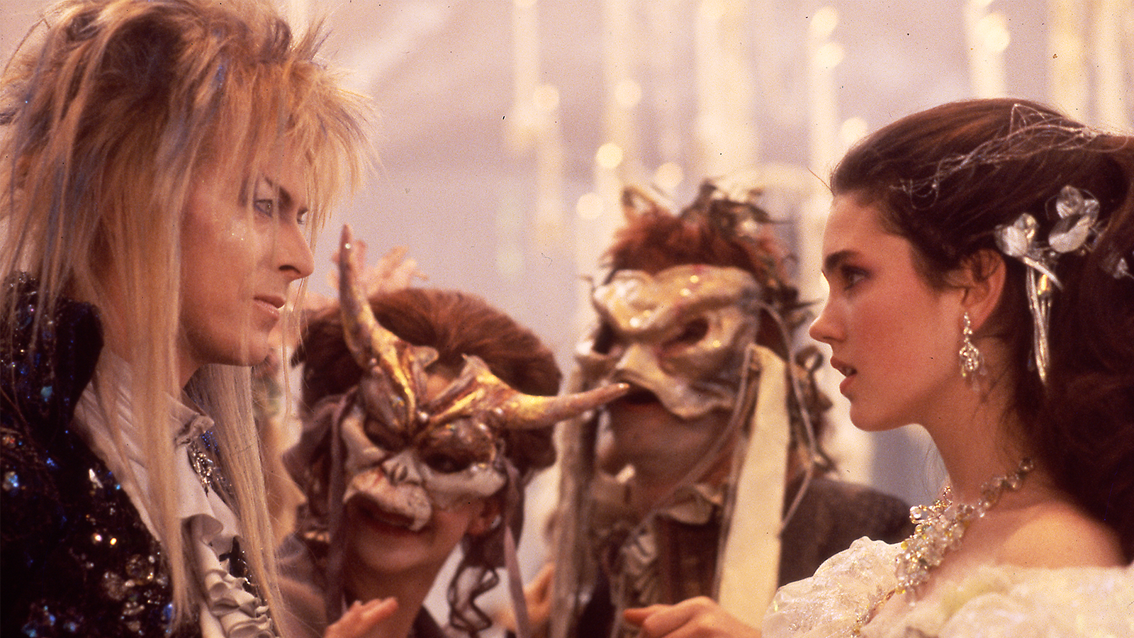 Jareth the Goblin King and Sarah in the ballroom in Labyrinth.