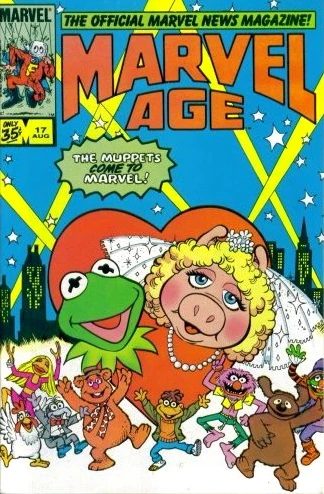 Cover of Marvel comic book "Marvel Age" featuring several Muppets, with the subtitle, "The Muppets Come to Marvel!"