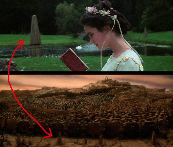 Comparison of screenshots from Labyrinth: the first shot is Sarah in the park in the first scene, and the second shot is an establishing shot of the labyrinth. I have drawn red arrows to point out the identical stone pillars in both locations.