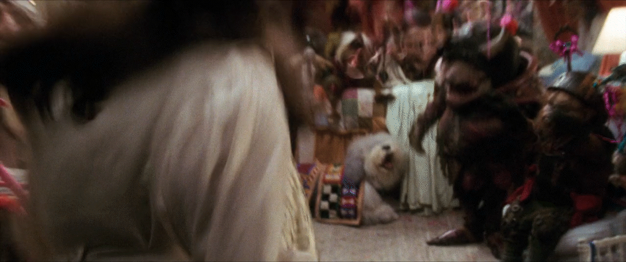 Animated GIF of the party in Sarah's room at the end of Labyrinth, with streamers flying all around.