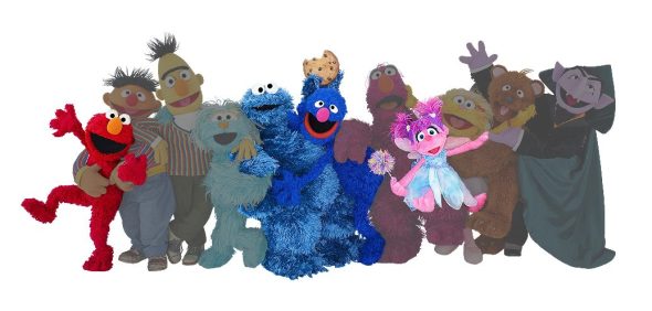 Sesame Street characters (Elmo, Ernie, Bert, Rosita, Cookie Monster, Grover, Telly, Abby, Zoe, Baby Bear, Count) with all but Elmo, Cookie, Grover, and Abby grayed out.